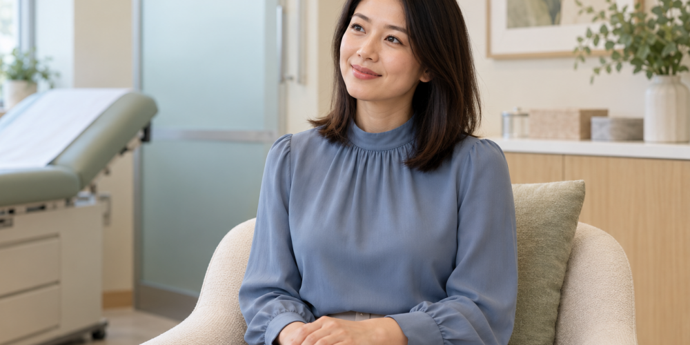 A woman holding a notebook while seated alone in a medical consultation room.