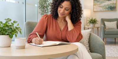 A woman writing questions in a notebook in a bright medical waiting area.